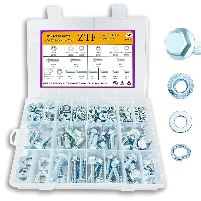 ZTF 300pcs Metric Flange Bolts and Nuts Assortment Kit, Heavy Duty Metric Machine Screws Nuts Washers, 10 Most Common Sizes Zinc Alloy Steel Grade 10.9 (Flange M6 M8 M10 Kit) - Image 1